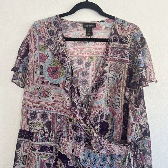 Lane Bryant Purple Paisley Plus Size 22/24 Wrap Blouse Floral Peasant bohemian - Picture 10 of 12